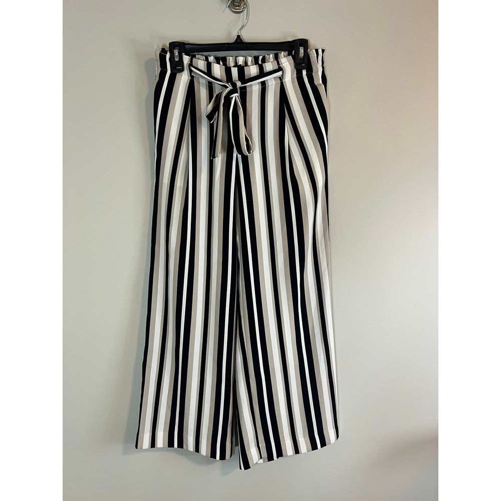 Ann Taylor Factory Womens Striped Wide Leg Pants Black White Tan Paperbag Small